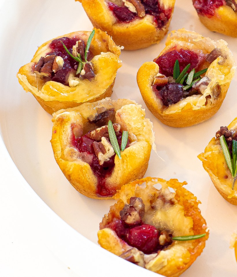 Close up shot of brie bites on a white plate.